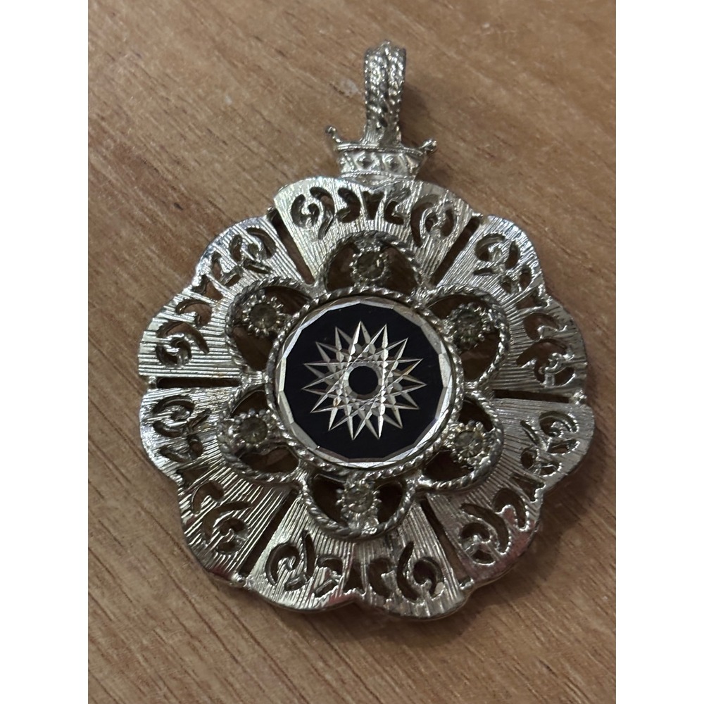 HMS Silver Tone Filigree Starburst Rhinestone Black Cabochon Pendant Vintage